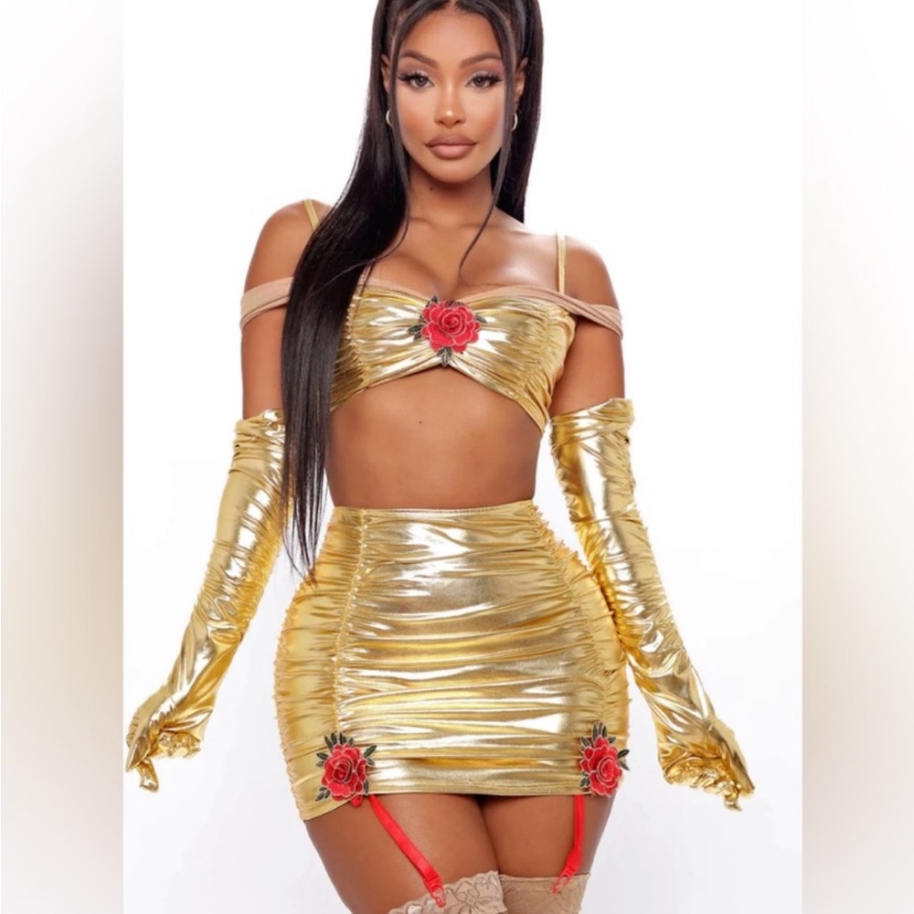 Gold Ruched Skirt with Red Rose Accents